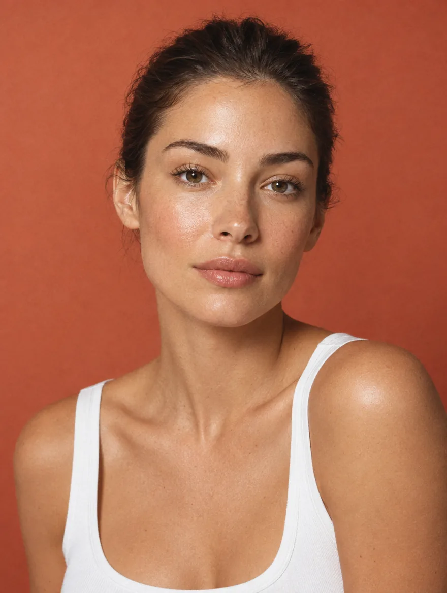 Portrait of a woman with clean, glowing skin on a coral backdrop