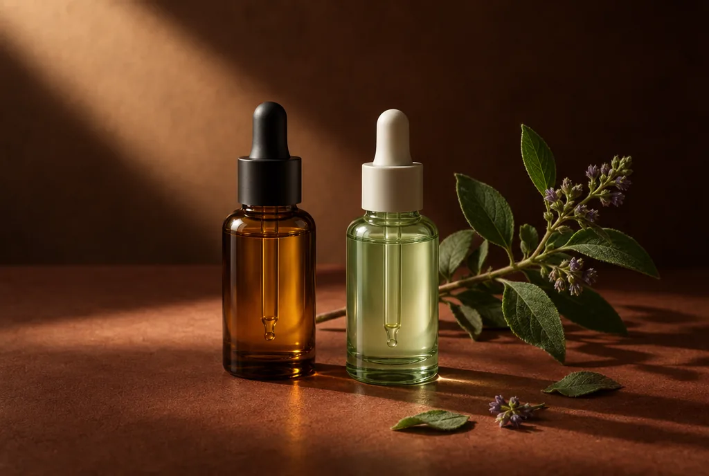 Two serum bottles — retinol and bakuchiol — in moody light
