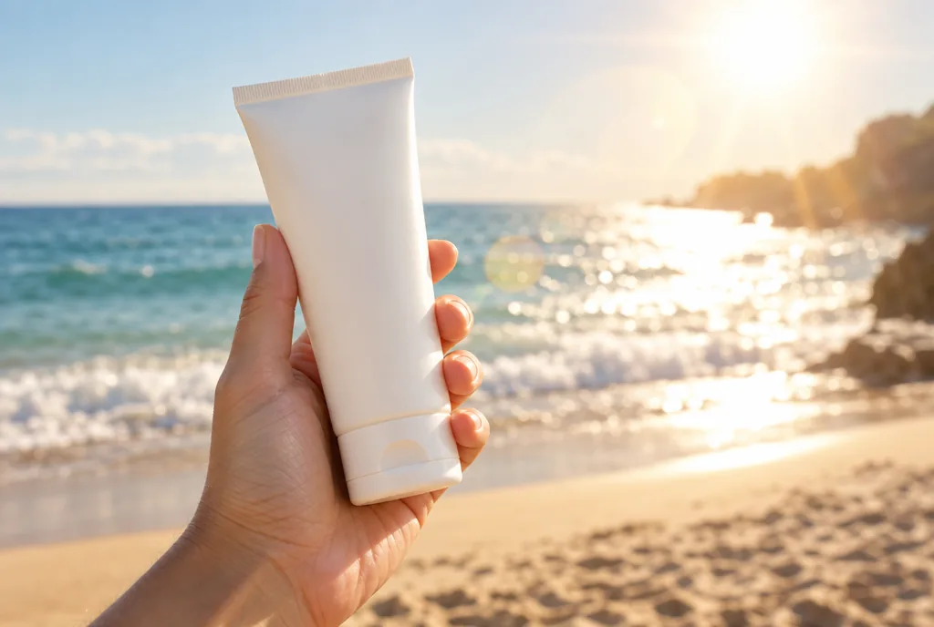 Hand holding a sunscreen tube toward the sun on a beach