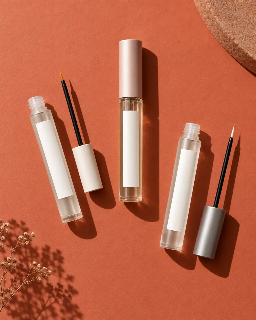 Unbranded lash serum tubes on a terracotta surface