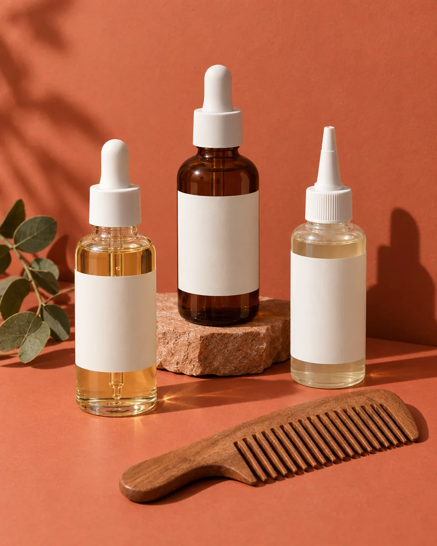 Scalp serum bottles and a wooden comb