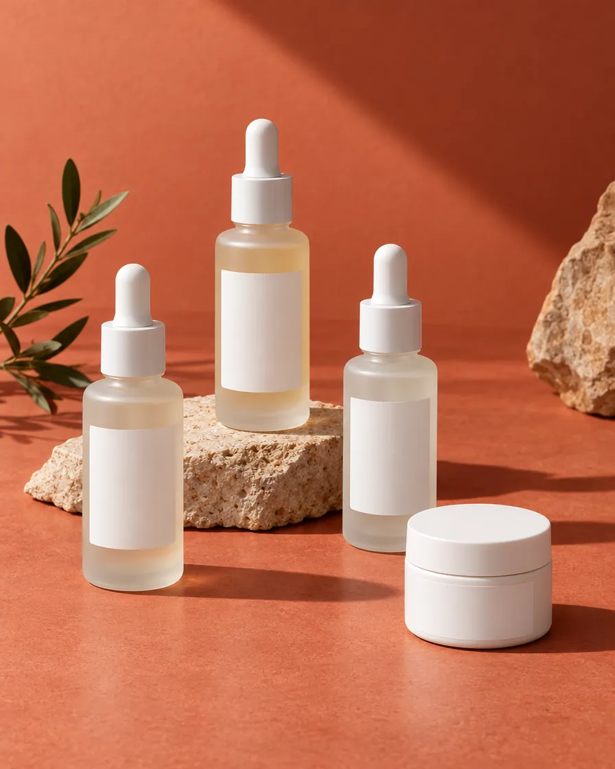 Frosted serum bottles on a terracotta surface